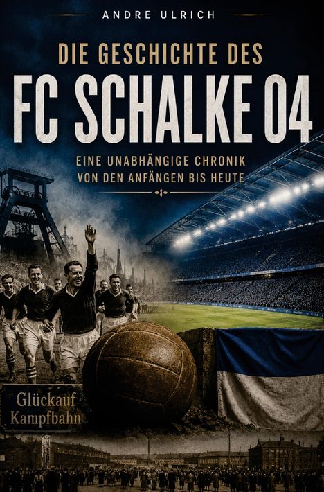 „DIE GESCHICHTE DES FC SCHALKE 04“ im Vordergrund, mit Fußball, Stadion und historischem Bild von Spielern.