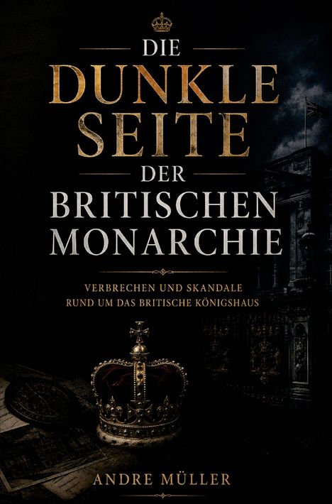 Text: "DIE DUNKLE SEITE DER BRITISCHEN MONARCHIE. VERBRECHEN UND SKANDALE RUND UM DAS BRITISCHE KÖNIGSHAUS. ANDRE MÜLLER."  
Eine Krone vor dunklem Hintergrund.