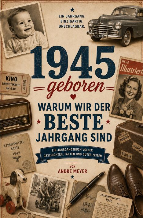 "1945 geboren. Warum wir der beste Jahrgang sind. Ein Jahrgang. Einzigartig. Unschlagbar. Von Andre Meyer." Retro-Elemente und Fotos umrahmen den Text.