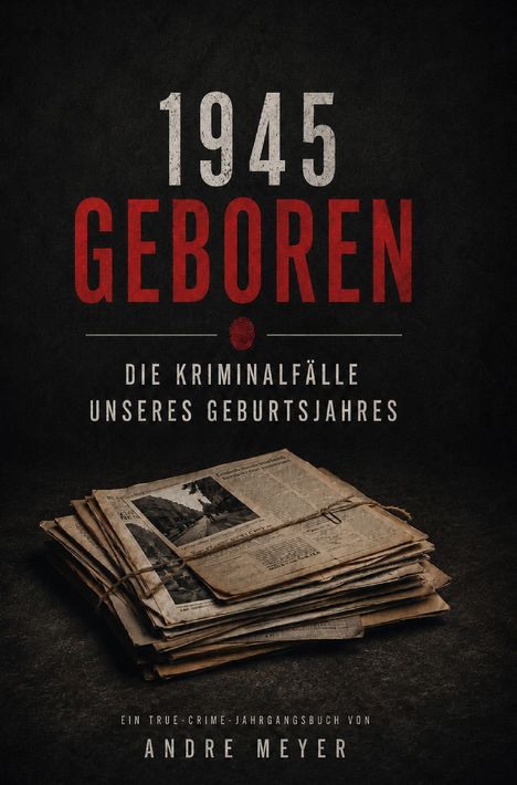 "1945 Geboren" in großen Lettern, ein Stapel Zeitungen darunter, True-Crime-Thematik von Andre Meyer.