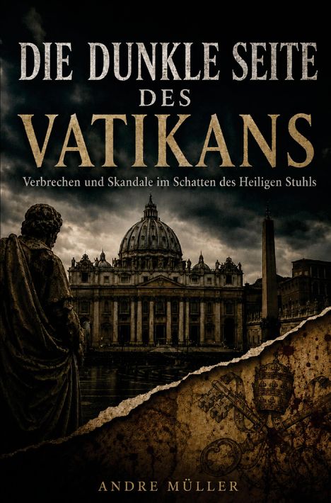 Text: "DIE DUNKLE SEITE DES VATIKANS: Verbrechen und Skandale im Schatten des Heiligen Stuhls. Andre Müller."  
Illustration: Eine dunkle, dramatische Ansicht des Petersdoms mit einer Statue im Vordergrund und einem abgerissenen Papier.