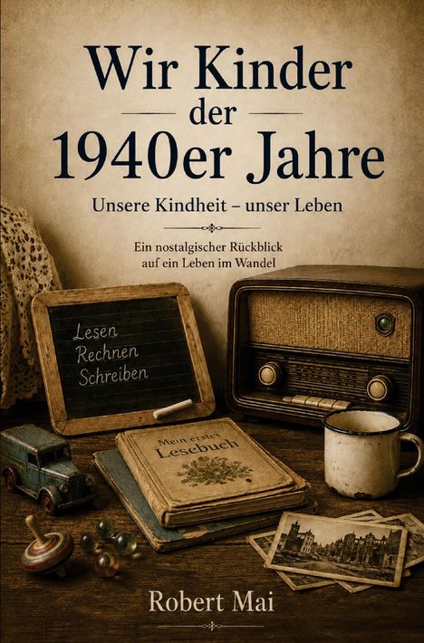 Ein Buchcover mit dem Titel "Wir Kinder der 1940er Jahre". Alte Gegenstände: Radio, Kreidetafel, Spielzeugauto.