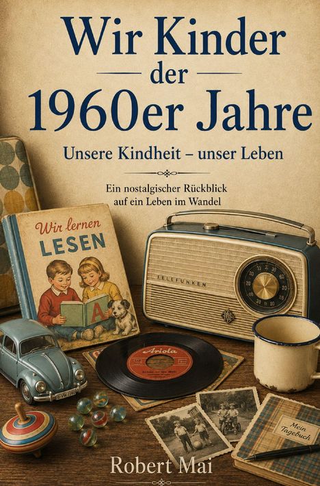 Cover eines Buches mit dem Titel "Wir Kinder der 1960er Jahre". Nostalgische Gegenstände, z.B. Radio, Spielzeugauto.
