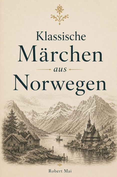 Text: "Klassische Märchen aus Norwegen. Robert Mai." Illustration: Norwegische Landschaft mit Fjord, Bergen und Holzhäusern.