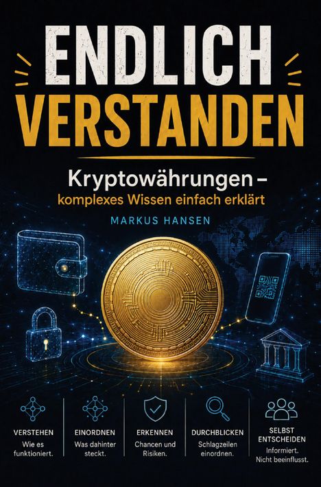 Endlich verstanden – Kryptowährungen einfach erklärt. Markus Hansen. Goldene Münze, Symbole für Wallet und Schloss.
