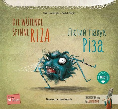 "Die wütende Spinne Riza", Illustration einer zornigen Spinne, Deutsch-Ukrainisch, MP3-Download, Edition bi:libri.