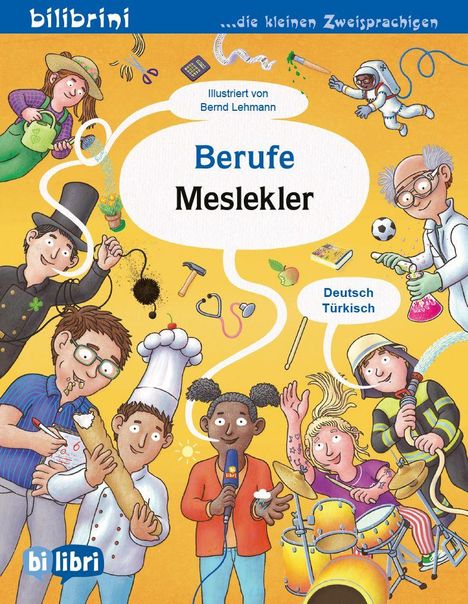 "Berufe Meslekler" und "Deutsch Türkisch." Illustrative Darstellung verschiedener Berufe mit lebendigen Charakteren.