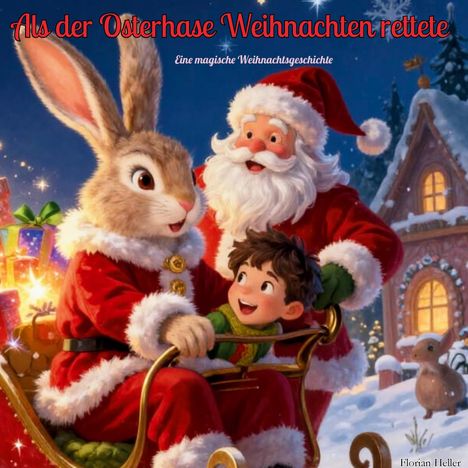 "Als der Osterhase Weihnachten rettete" oben, "Eine magische Weihnachtsgeschichte" darunter. Illustration zeigt Osterhase, Weihnachtsmann und Kind auf einem Schlitten.