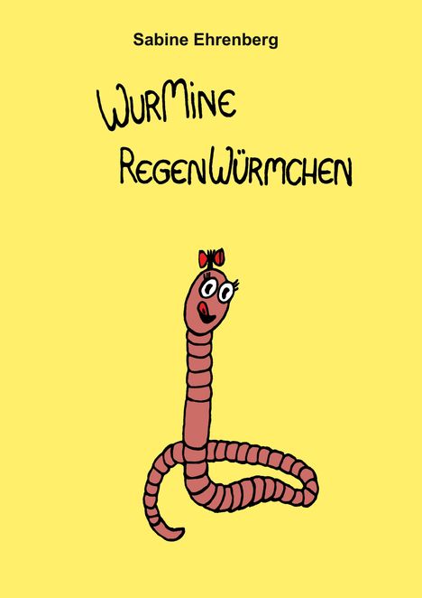WurMine Regenwürmchen. Illustration eines rosafarbenen Wurms mit großen Augen und Schleife auf gelbem Hintergrund.