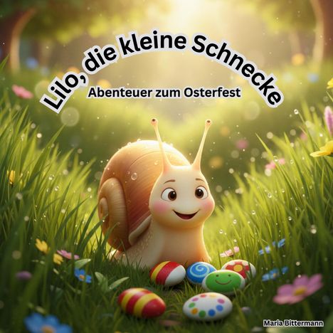 „Lilo, die kleine Schnecke – Abenteuer zum Osterfest“. Fröhliche Schnecke mit bunten Eiern in einem sonnigen Garten.