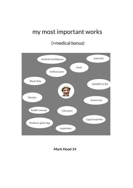 "my most important works (+medical bonus); Artificial Intelligence, Asteroids, Black Hole, Identity, education."