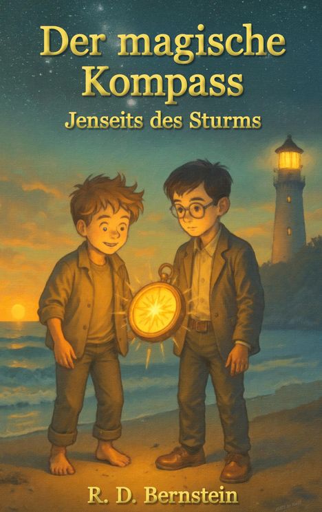 Eine beleuchtete Illustration zweier Jungen hält einen leuchtenden Kompass am Strand bei Sonnenuntergang. Ein Leuchtturm leuchtet.