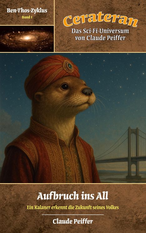 "Ben-Thos-Zyklus Band 1", "Ceraterran", "Aufbruch ins All", "Ein Kalaner erkennt die Zukunft seines Volkes", "Claude Peiffer". Otter in orientalischer Kleidung vor einer Brücke.
