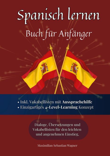 "Spanisch lernen: Buch für Anfänger". Zwei spanische Flaggen nebeneinander vor einem roten Hintergrund.