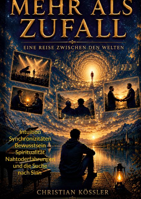 Titel: Mehr als Zufall. Untertitel: Eine Reise zwischen den Welten. Verschiedene Szenen in einem goldenen Licht.