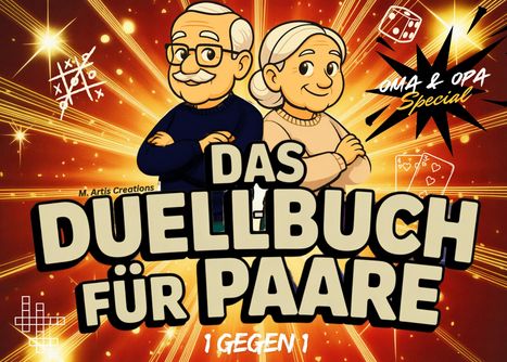 "Das Duellbuch für Paare", "Oma & Opa Special", "1 gegen 1". Illustration von älteren Paaren auf einem funkelnden Hintergrund.