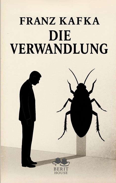 „FRANZ KAFKA DIE VERWANDLUNG“, Silhouette eines Mannes, der einer großen Käfer-Silhouette gegenübersteht.