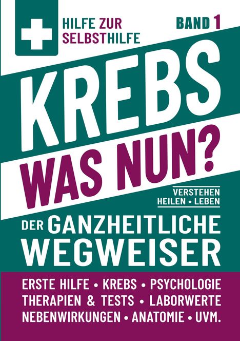 Titel: "Krebs was nun? Der ganzheitliche Wegweiser". Mit Schlagwörtern zu Erste Hilfe, Psychologie, Therapien, Anatomie.