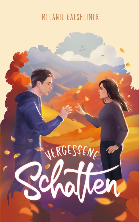 „Melanie Galsheimer“ und „Vergessene Schatten“. Illustration: Zwei Personen in Herbstlandschaft mit fallenden Blättern.