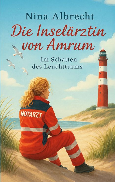 Texte: "Nina Albrecht", "Die Inselärztin von Amrum", "Im Schatten des Leuchtturms", "Notarzt". Frau in Notarztanzug am Strand.