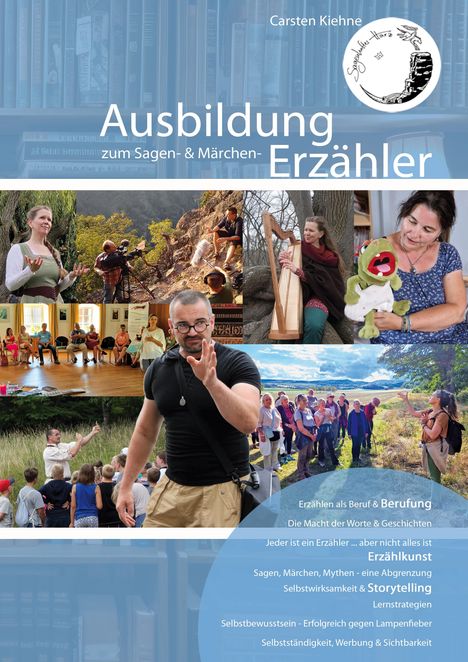 Text: "Carsten Kiehne, Ausbildung zum Sagen- & Märchen-Erzähler, Erzählen als Beruf & Berufung". Bilder von Menschen beim Geschichtenerzählen.