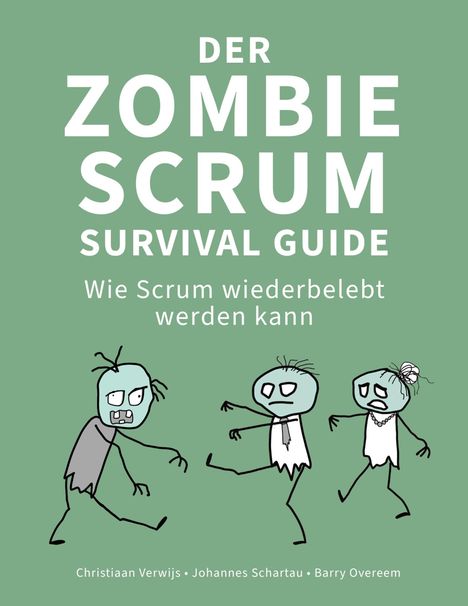 Der Zombie Scrum Survival Guide. Wie Scrum wiederbelebt werden kann. Drei cartoonhafte Zombies in Bewegung.