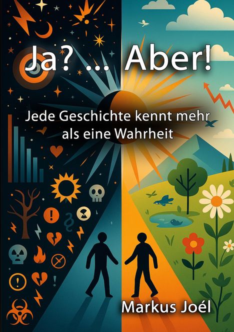 Text: "Ja? ... Aber! Jede Geschichte kennt mehr als eine Wahrheit. Markus Joél." Eine Illustration von Gegensätzen: Nacht/Tag.