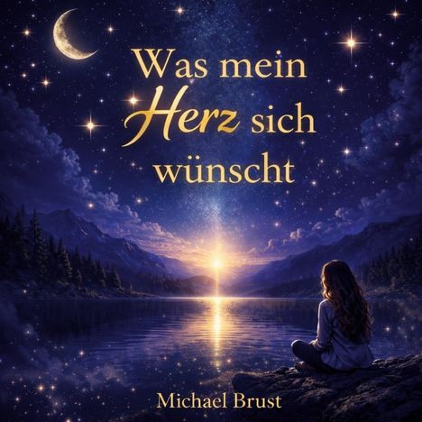 Text: "Was mein Herz sich wünscht" und "Michael Brust". Eine Person sitzt am See, unter einem Sternenhimmel mit Mond.