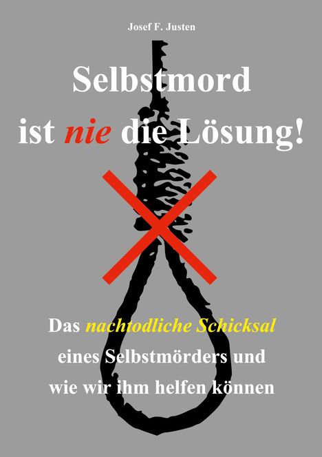 "Selbstmord ist nie die Lösung!" Text auf grauem Hintergrund, rote Linie durch Strick gelegt. Thema: Suizidprävention.