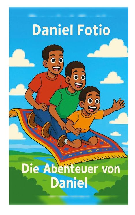 Oben: "Daniel Fotio", unten: "Die Abenteuer von Daniel". Drei Kinder auf einem fliegenden Teppich, blauer Himmel, Wolken.
