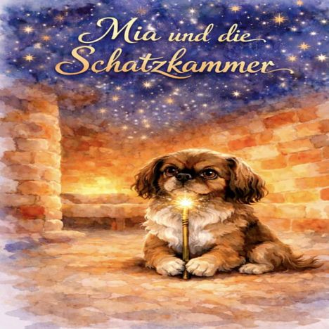 Text: "Mia und die Schatzkammer". Eine Illustration zeigt einen Hund mit einem funkelnden Stab im Maul in einem steinernen Raum.