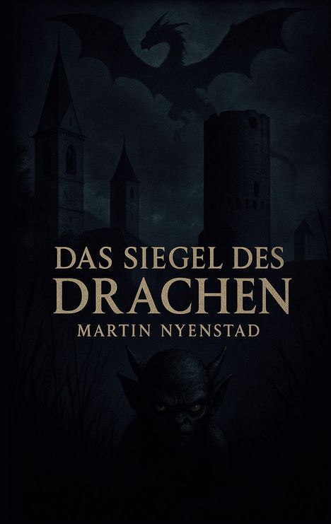 "Das Siegel des Drachen" von Martin Nyenstad. Schattenhafter Drache über Burgtürmen, unheimliche Figur im Vordergrund.