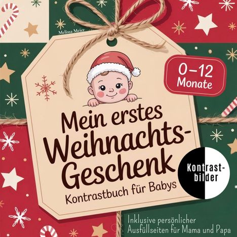"Mein erstes Weihnachtsgeschenk" auf einem Geschenkanhänger mit Baby in Weihnachtsmütze, Geschenkpapier.