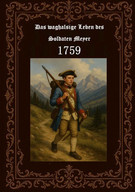 „Das waghalsige Leben des Soldaten Meyer 1759“. Illustration eines Soldaten in historischen Uniformen in Berglandschaft.