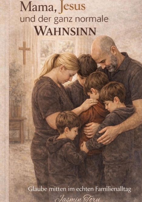 „Mama, Jesus und der ganz normale Wahnsinn.“ Gemälde: Familie beim Beten, Holz-Kreuz im Hintergrund.