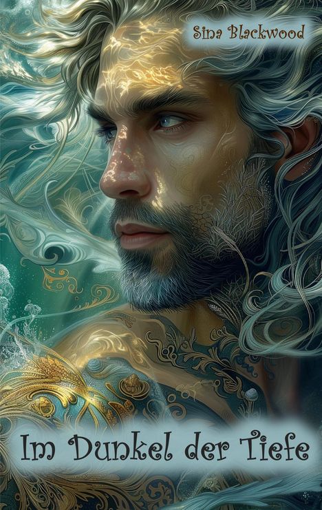 "Im Dunkel der Tiefe." Detailreiche Illustration eines bärtigen Mannes mit verzierten, fließenden Haaren.