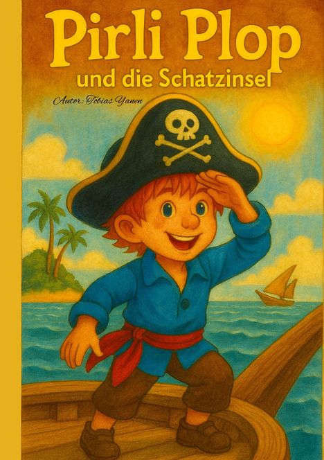 Ein fröhlicher Junge im Piratenkostüm mit Hut und Totenkopf, auf einem Schiff, mit Sonnenuntergang und Insel im Hintergrund.