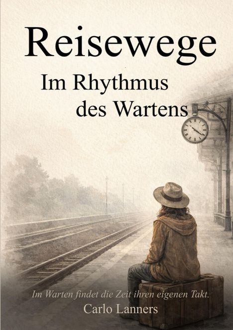„Reisewege. Im Rhythmus des Wartens.“ Eine Person sitzt auf einem Koffer an einem leeren Bahnsteig.