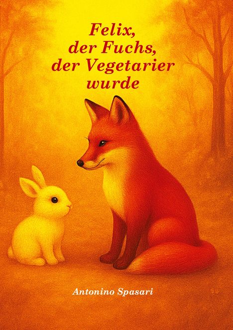 Text: Felix, der Fuchs, der Vegetarier wurde. Illustration: Ein Fuchs und ein Kaninchen sitzen einander gegenüber.
