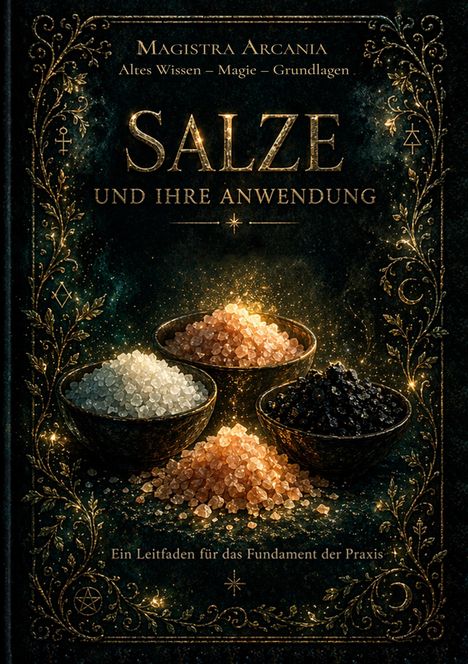 „Magistra Arcania: Altes Wissen – Magie – Grundlagen. Salze und ihre Anwendung.“ Drei Schalen mit verschiedenen Salzen.