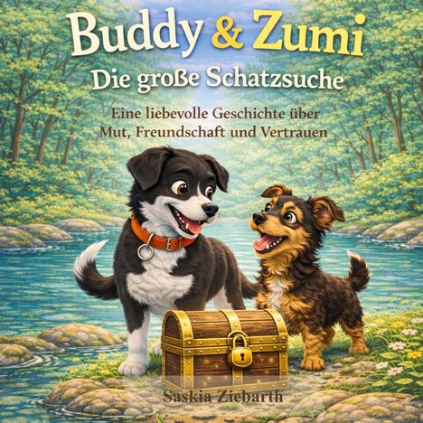 Buddy & Zumi: Die große Schatzsuche. Zwei fröhliche Hunde neben einer Schatztruhe an einem Fluss.