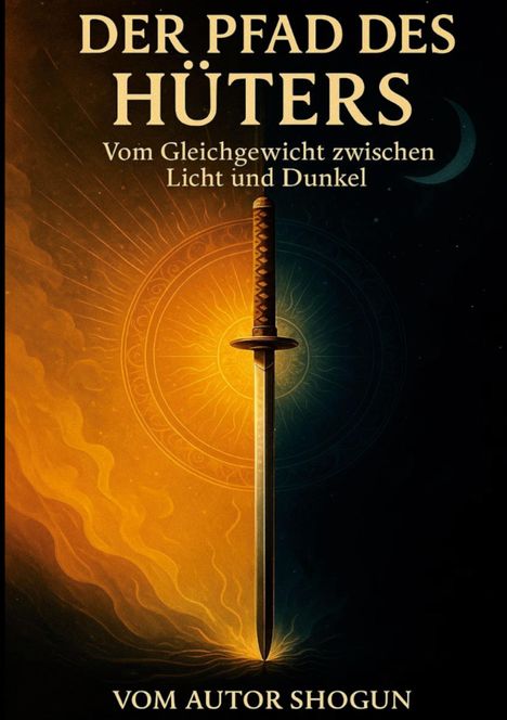 Buchtitel: "Der Pfad des Hüters". Untertitel: "Vom Gleichgewicht zwischen Licht und Dunkel". Illustration: Schwert vor Sonne und Mond.