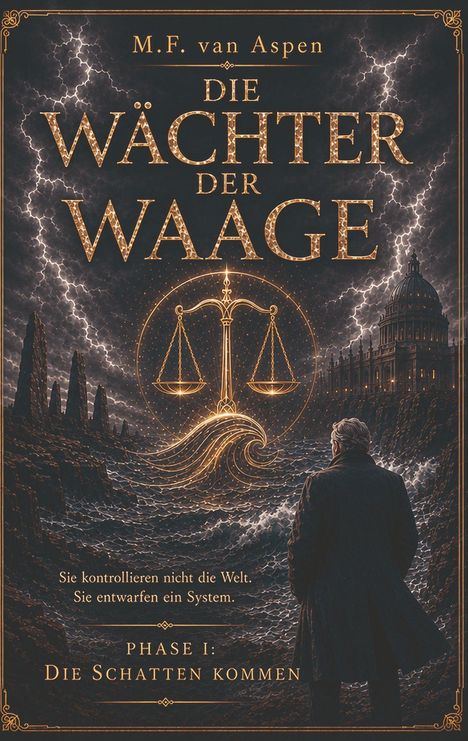 "Die Wächter der Waage. Phase I: Die Schatten kommen. M.F. Van Aspen." Goldene Text und Symbole auf blauem Hintergrund.