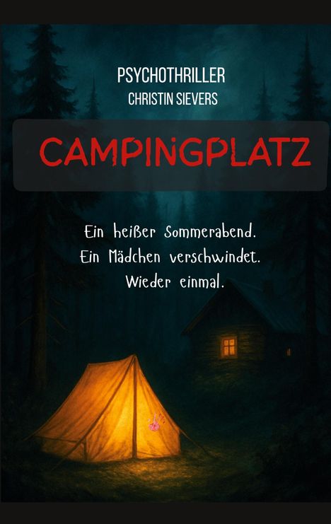 Text: "PSYCHOTHRILLER", "CHRISTIN SIEVERS", "CAMPINGPLATZ", "Ein heißer Sommerabend", "Ein Mädchen verschwindet", "Wieder einmal." Illustration: Zelt im dunklen Wald.