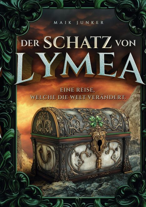 "Der Schatz von Lymea. Eine Reise, welche die Welt verändert." Prächtige dekorative Truhe vor dramatischem Himmel.