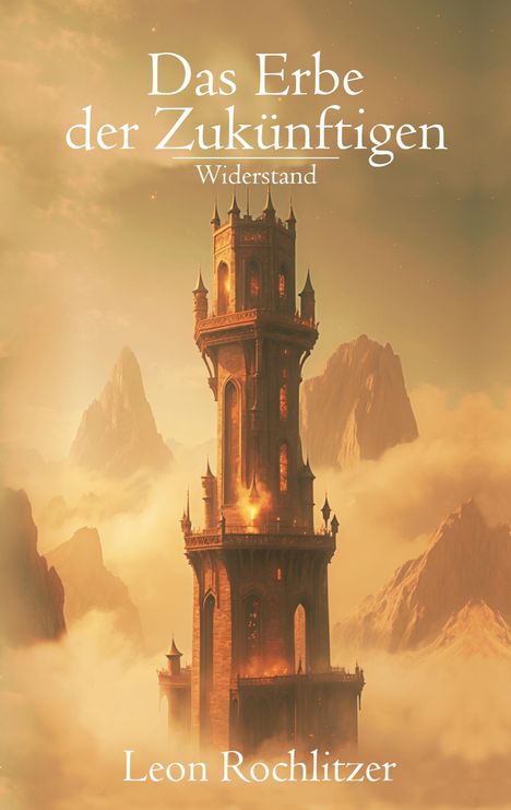 „Das Erbe der Zukünftigen: Widerstand“ von Leon Rochlitzer, ein Turm in nebliger Berglandschaft.