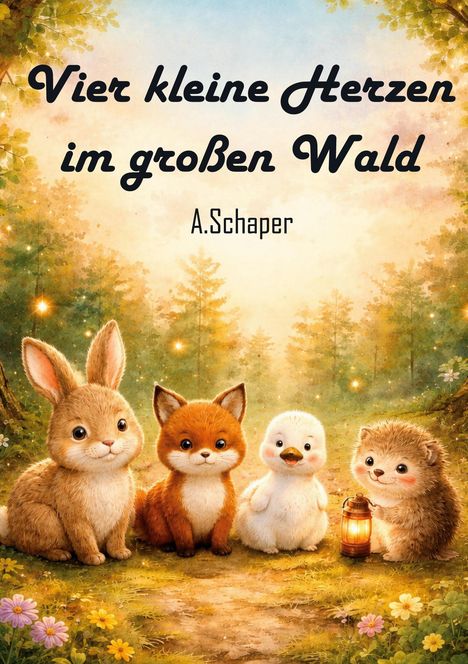 Text: "Vier kleine Herzen im großen Wald, A. Schaper." Illustration: Hase, Fuchs, Ente, Igel im Wald, Igel hält Laterne.