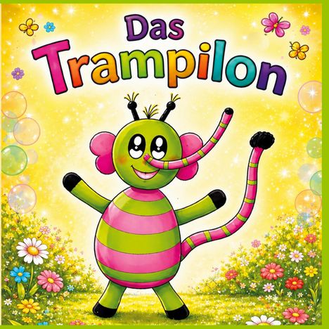 Text: "Das Trampilon". Illustration eines bunten, fröhlichen Wesens mit Streifen, Blüten und Schmetterlingen im Hintergrund.