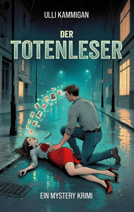 Ein Mann kniet neben einer Frau auf einer regennassen Straße. Karten schweben von ihr weg. Es ist Nacht.