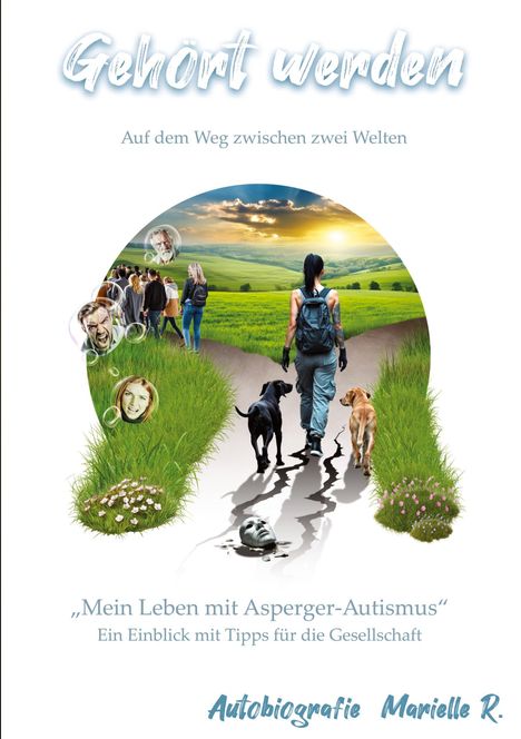 "Gehört werden", "Auf dem Weg zwischen zwei Welten". Eine Person mit Hunden auf einem Weg in der Landschaft, Gesichter am Rand.